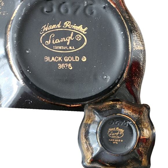 STANGL Lidded Dish Mid Century Art Pottery Marked 3676 Black 22k Gold - Picture 4 of 6